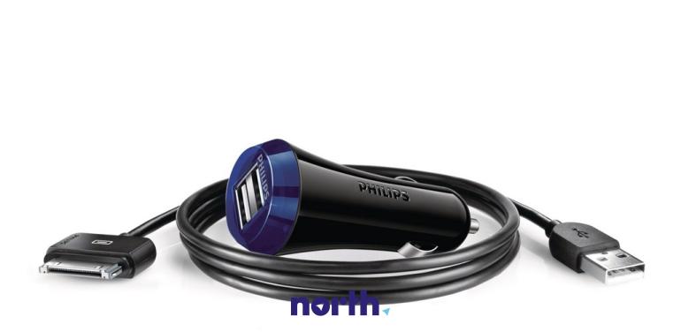 Ładowarka samochodowa z kablem lightning i 2 gniazdami USB do smartfona PHILIPS DLP2257I/10 DLP2257I10,0