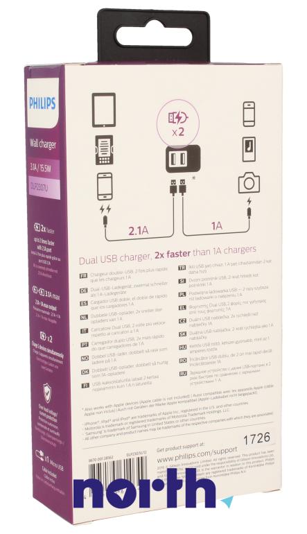 Ładowarka sieciowa z kablem i 2 gniazdami USB do smartfona Philips DLP2307 DLP2307U12,1