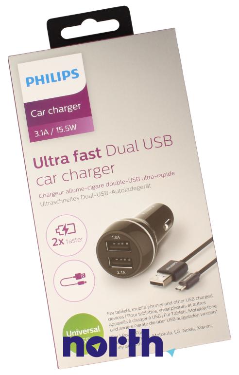 Ładowarka samochodowa z kablem i 2 gniazdami USB do smartfona Philips DLP2357 DLP2357U10,0